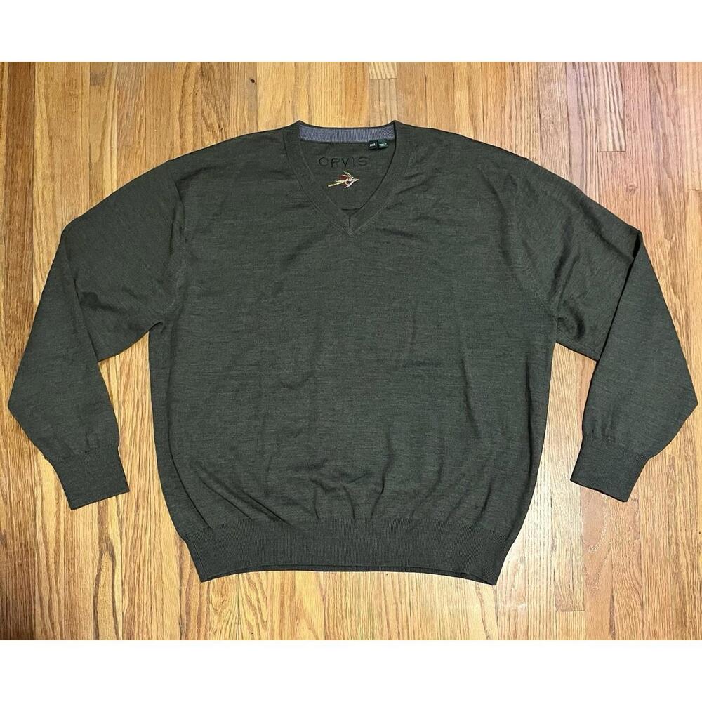Orvis Sweater Mens 2XL Merino Wool Pullover V Neck Lightweight Knit Classic
